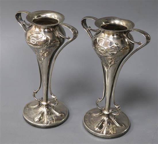 A pair of Edwardian Art Nouveau silver presentation bud vases, H 14cm
